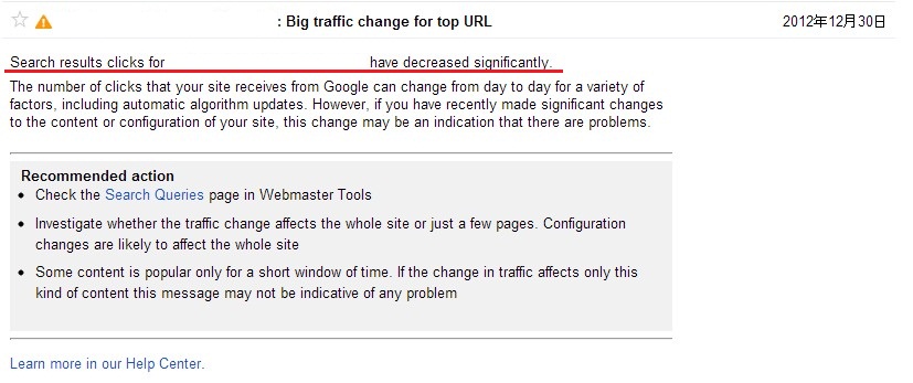 ウェブマスターツールに「Big traffic change for top URL」というメッセージが届いた場合の対応方法